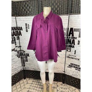 Liz Claiborne 1st Issue XL Purple Faux Suede Button Down Collar 3/4 Sleeve Top